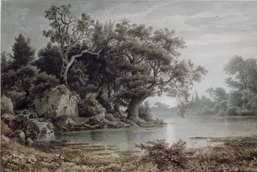 Leśny krajobraz nad wodą z wschodzącym księżycem